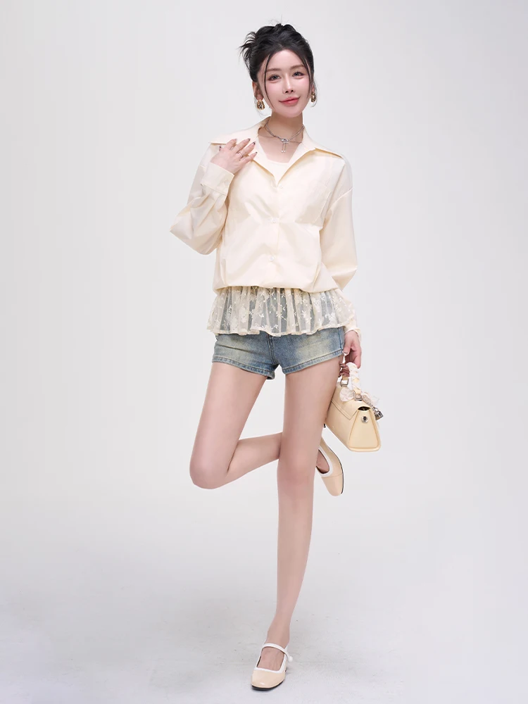 

LADIES FIRST Women's irt French Sle Splice Skirt Design Sense Long Sve Collar Regular Length Pure Color Button