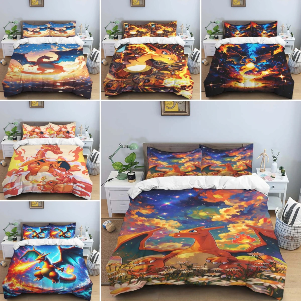 Cute Cartoon Charizard-Themed Bedding Set, featuring a soft duvet cover and pillowcases—perfect for teenagers, children, and mor