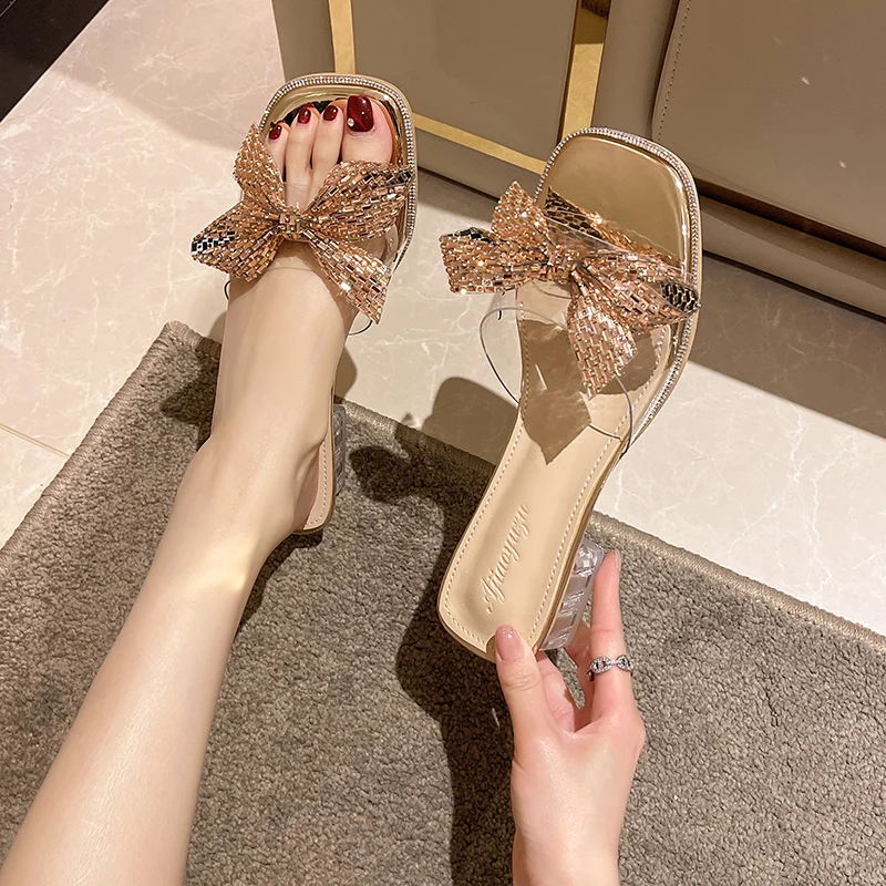 4.5 cm Rhinestone Bow Slippers Women's Summer New Crystal Thick-heeled Flip-flops Korean Version Middle-heeled Female Sandals
