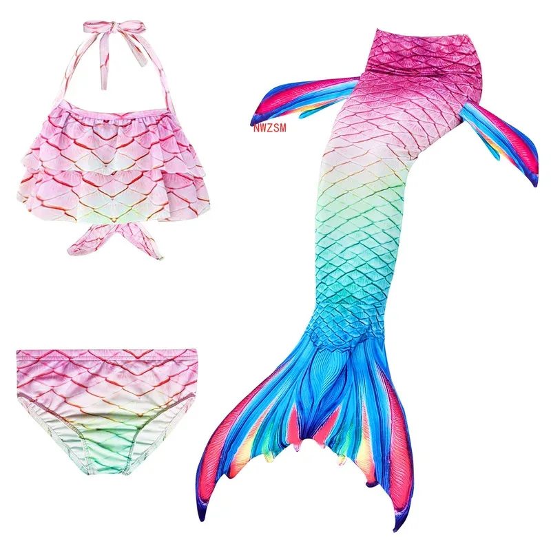 3pcs Kids Mermaid Tail for Girls Swimsuit Children The Little Mermaid Costume Beach Bikini Bathing Suit for Swimming No Flippers