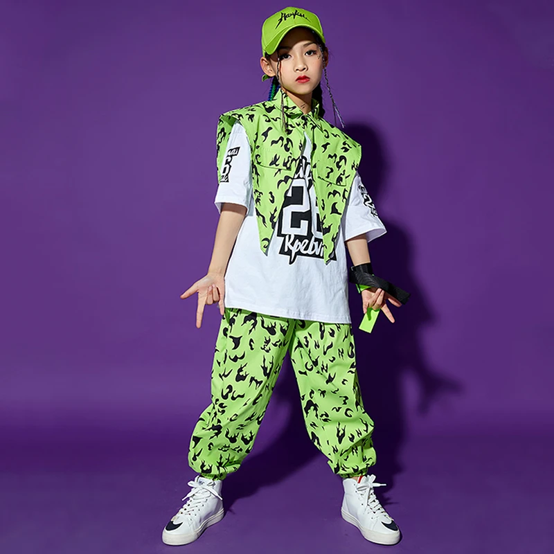 Street Dancing Performance Catwalk Stage Costume Fashion Green Leopard Girls' Clothes Hip Hop Kids Dance Costume Boys