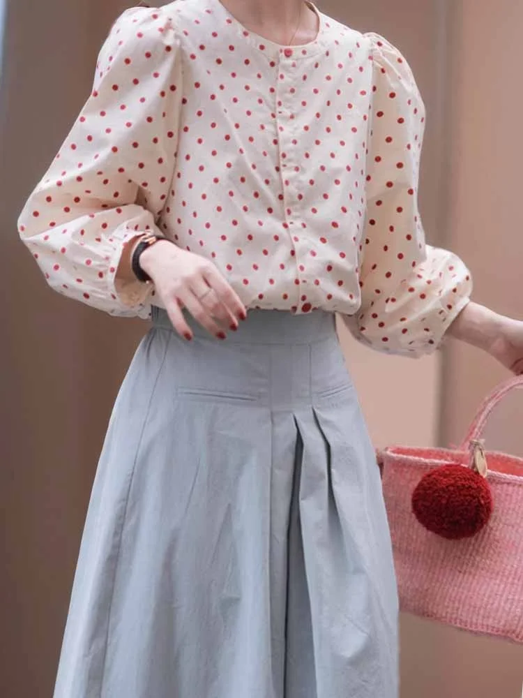 

Ele Polka Dot Bubble Sve irt Spring New Sle Women's Loose Fit Beautiful Top Faionable Korean Sle Long Sve r...