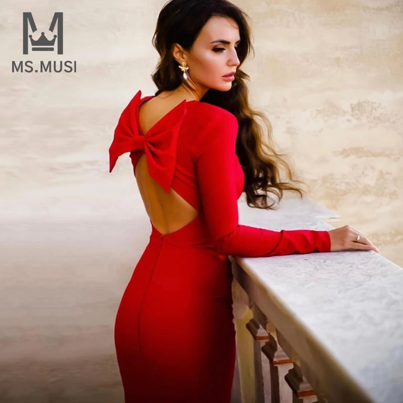 

MSMUSI New Fashion Women Bow Long Full Sleeve Backless Draped Bandage Midi Dress Sexy Club Party Bodycon Dress Celebrity Vestido