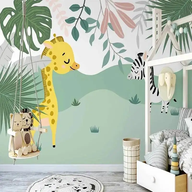 Custom Mural Nordic Hand-painted Cartoon Giraffe Wallpaper Background Wall Children's Room Wall Painting Home Decor 3D Fresco