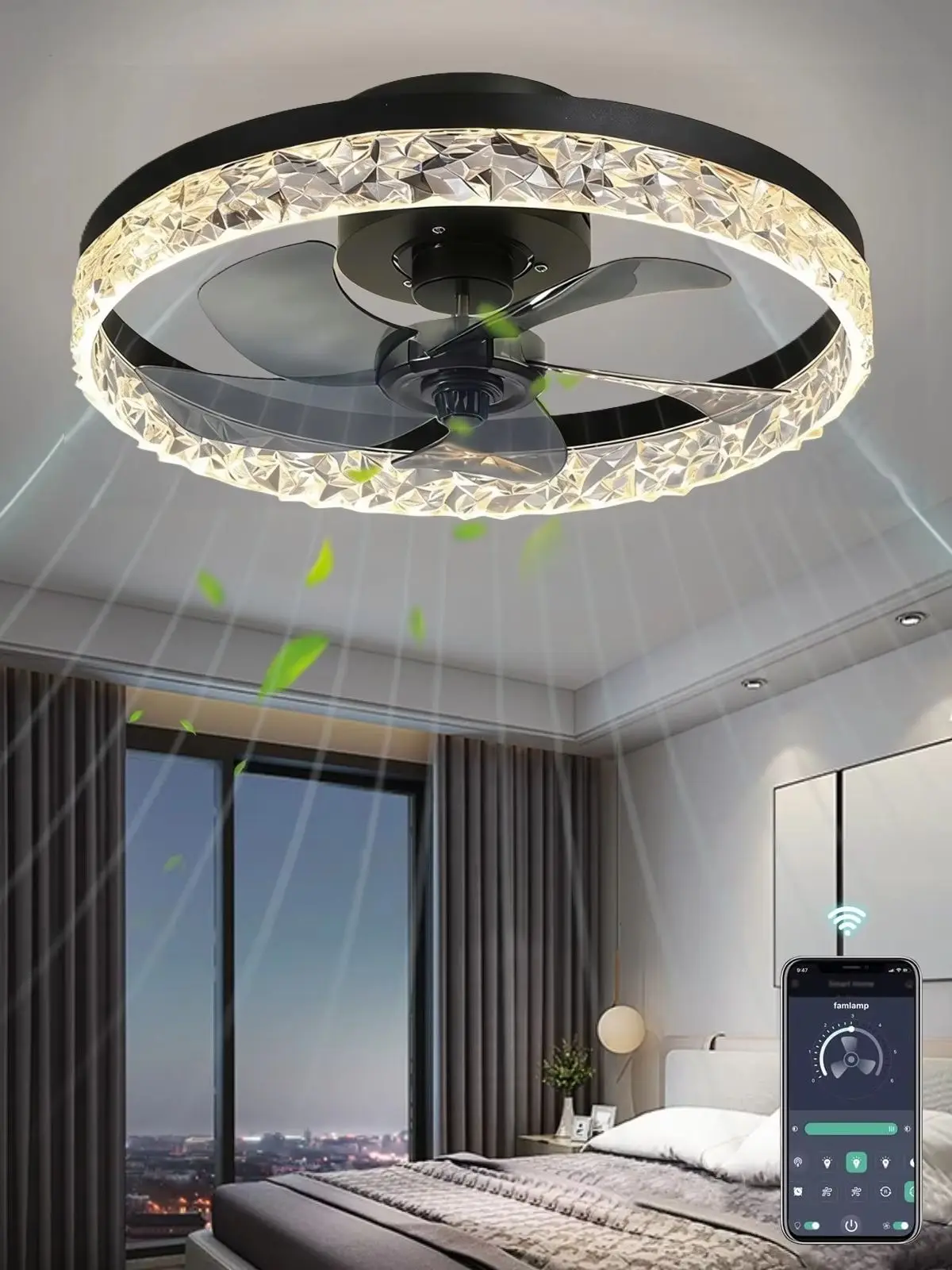 Einfacher Deckenventilator mit LED-Beleuchtung und Fernbedienungs-App, Smart, für Ausstellungshallen, Arbeitszimmer, 6-stufige dimmbare Lampe