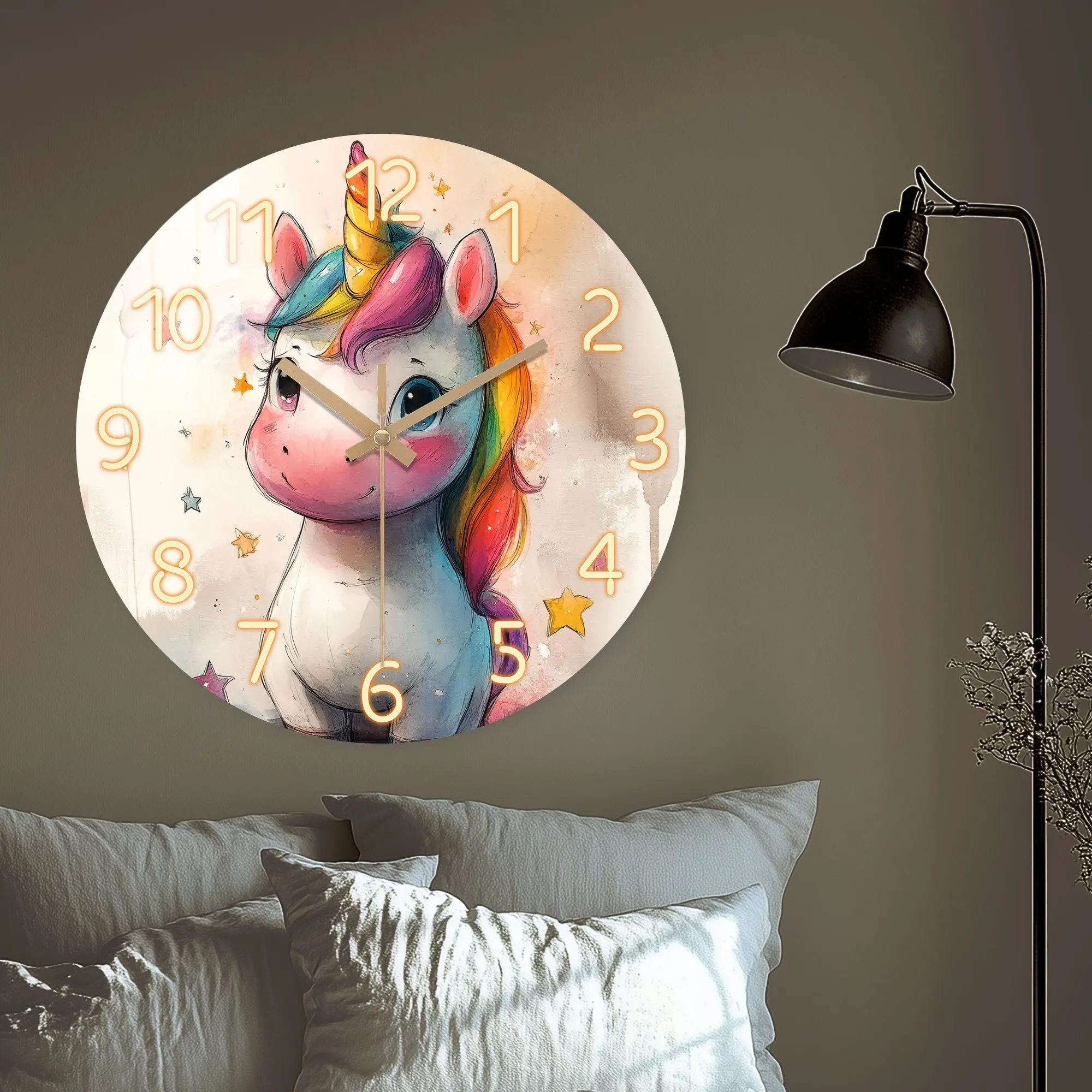 1pc, Cartoon Unicorn Crystal Porcelain Veneer Wall Clock/Dreamy Wooden Non-Ticking Wall Clock/Tempered Film Veneer Wall Clock/Suitable for Home, Living Room, Bedroom Wall Decoration/Ideal Holiday, Birthday Gift/AA Battery Powered (Not Included)