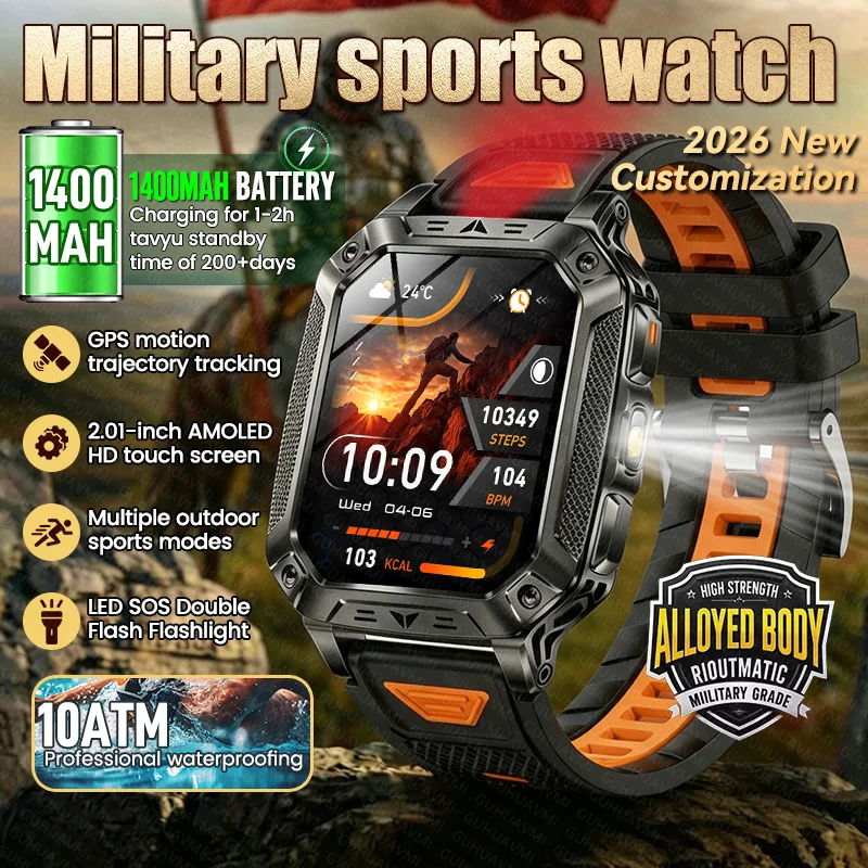 

Смарт-часы 2026 Original Military GPS для активного отдыха, с аккумулятором 1400 мАч, фонариком, водонепроницаемостью 10ATM, Bluetooth-вызовами, для мужчин, фитнес-трекер
