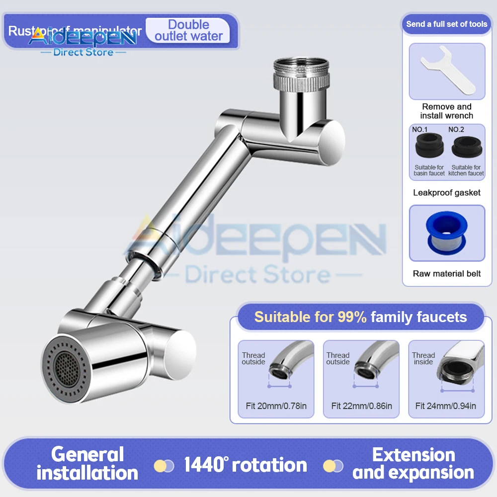 Universal Retractable Faucet Aerator 1440° Rotatable Robotic Arm Extender 2 Water Outlet Mode Bathroom Sink Swivel Splash Filter