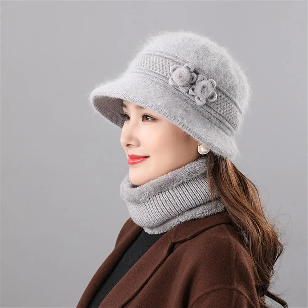 Warm Women's Hat and Scarf Set Windproof Faux Rabbit Fur Bucket Hat with Small Flowers Thickened Knitted Mom Hat Scarf Two Set