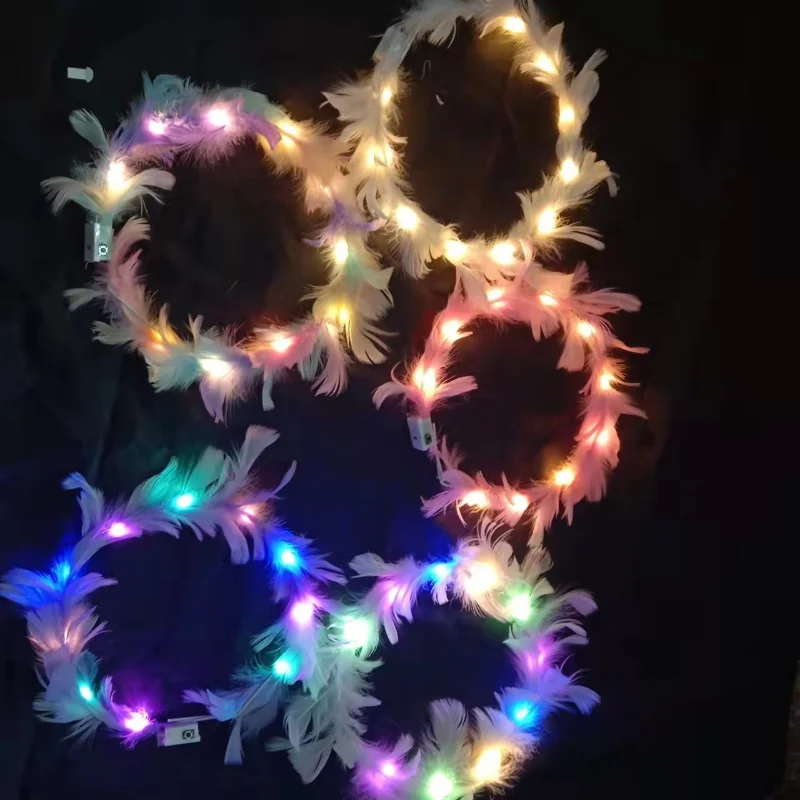 Adjustable Girl Glow Headband with LED Light Feather Wreath Crown Hairband for Wedding Birthday Glow Party Hair Accessories