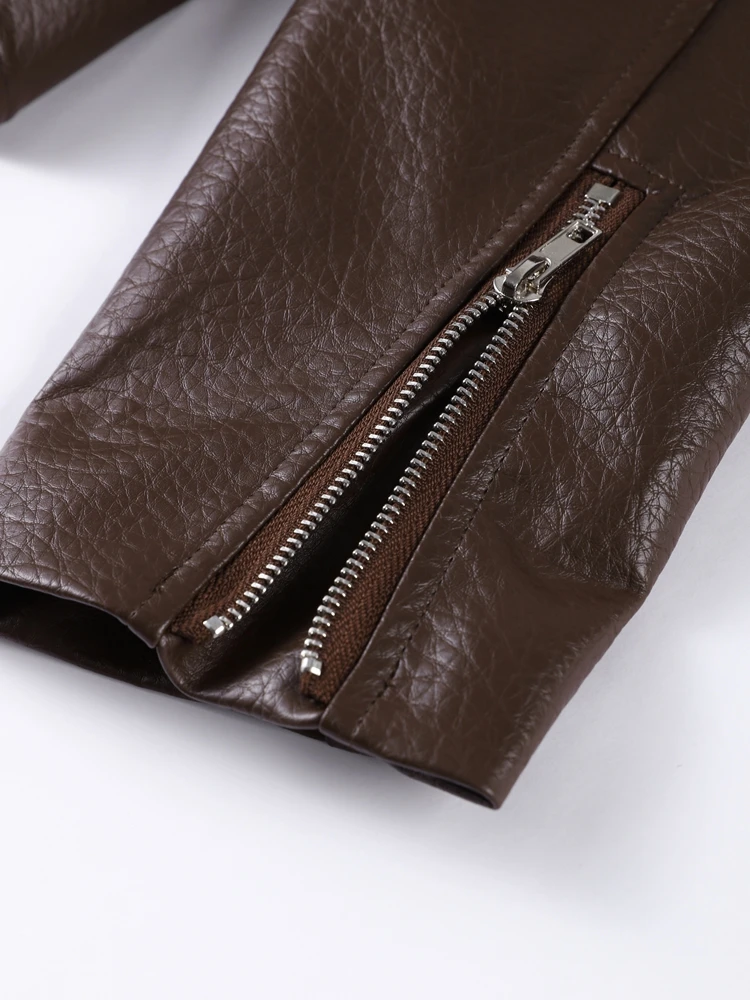 Vintage Pu Leather Jacket Women Solid Laple Long Sleeve Zippers Pocket Loose Coats Early Autumn Chic High Street Outwear Lady