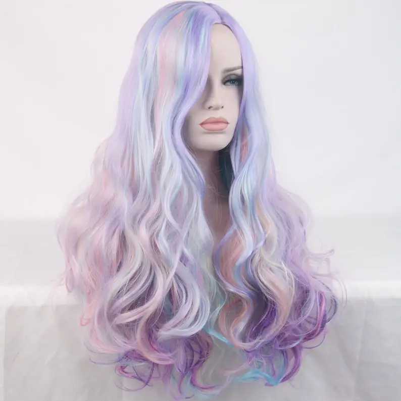 鮮やかなカールウィッグ、ロングヘア、パステルレインボーカラー、合成繊維、耐熱性シルク、センターパートスタイル