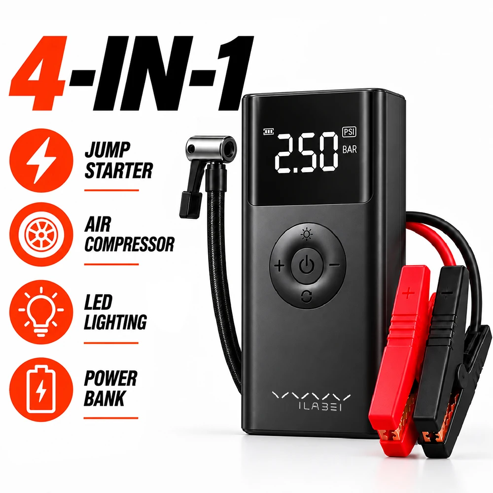Vyvylabs 12V Car Jump Starter with Air Compressor 600A Peak 150PSI Tire Inflator Power Bank LED Lights Portable Battery Booster