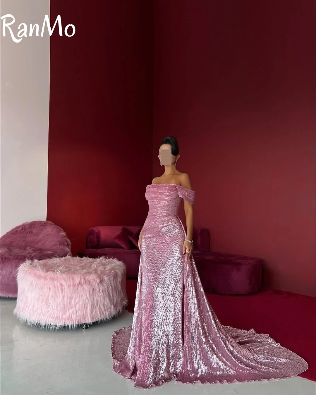 Ranmo 2025 sereia brilhante árabe vestidos de baile fora do ombro sem mangas trem varredura vestido de festa à noite longo formal ocasião vestido
