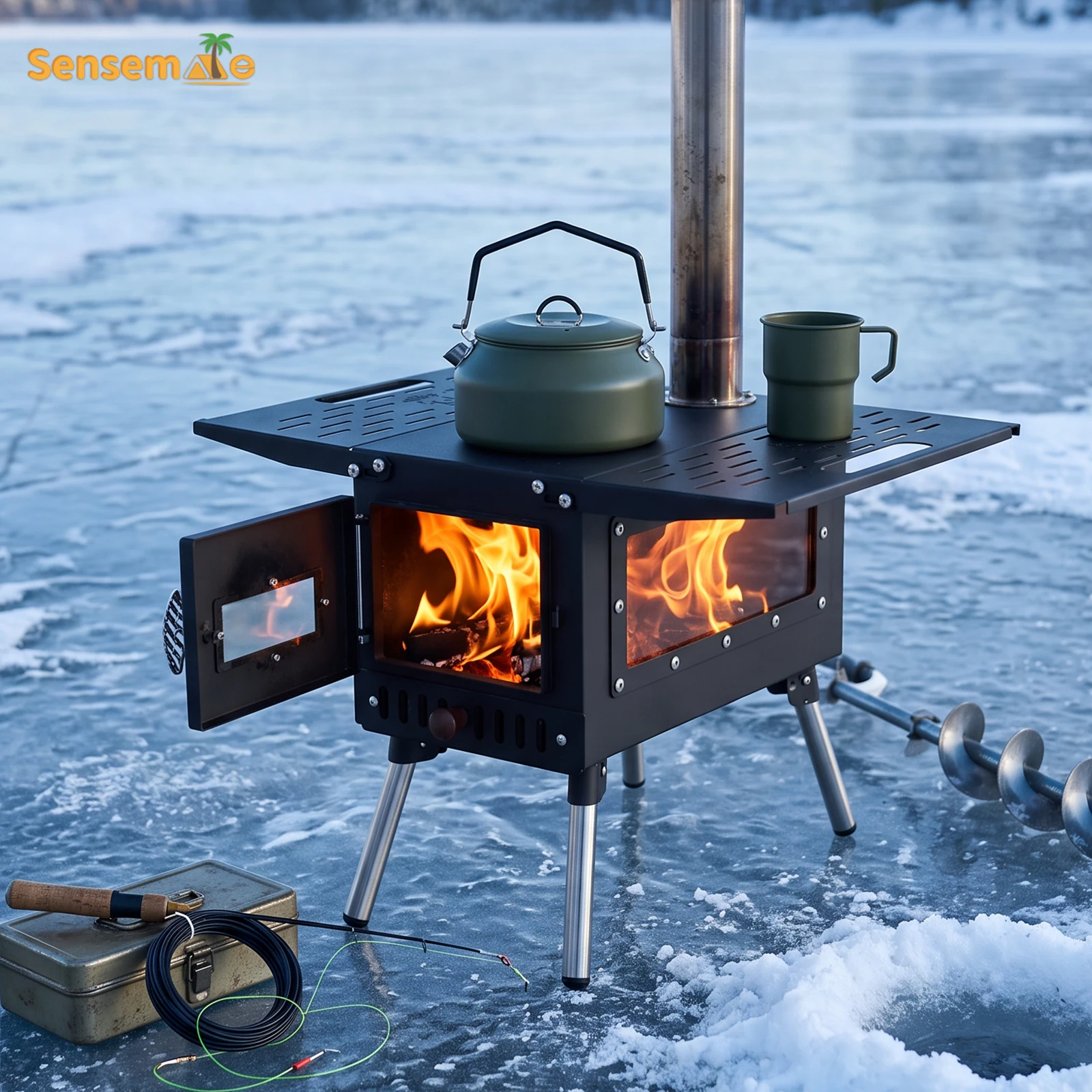 Camping Wood Stove Portable Ice Fishing Tent Wood Heater with Chimney Glass Window Winter Outdoor Cooking Wood Burning Stove