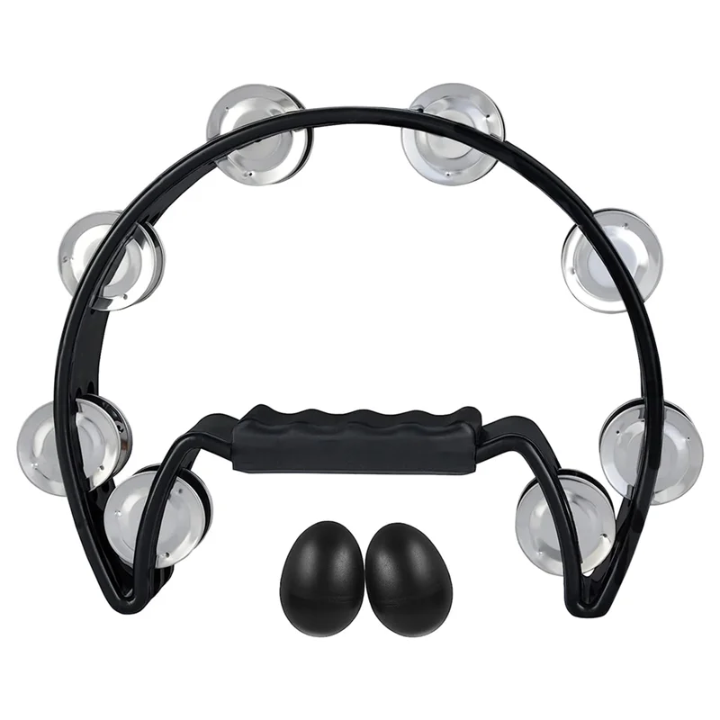 A51Q-Tambourine,Metal Jingles Hand Held Percussion Half-Moon Tambourine And Egg Shakers For Kids, Adults, KTV, Party BLACK