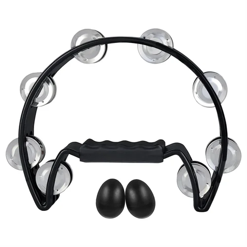 Imagen 2 del producto A51Q-Pandereta, cascabeles de Metal, pandereta de media luna de percusión manual y agitadores de huevos para niños, adultos, KTV, fiesta NEGRO