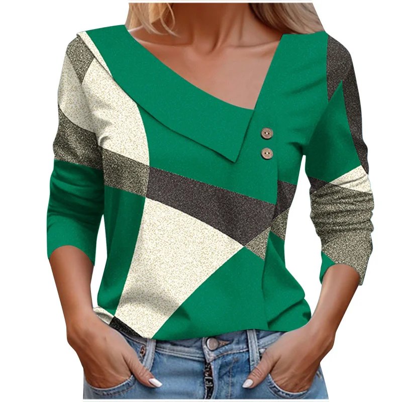 

European and American Spring and Autumn Hot Women's T-shirts Long-sleeved Color Block Geometric Color Block Printed Pullover Top