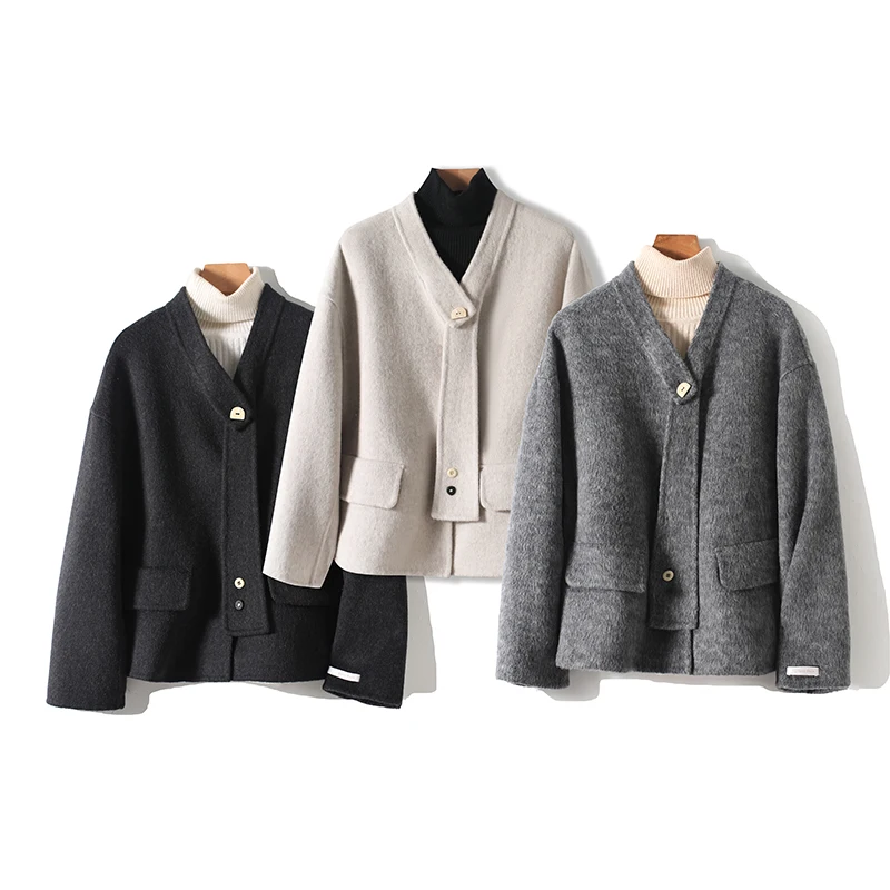 

Ele Double-Faced Woolen ort Coat V-Ne Sa Korean Sle Autumn 2025 Ladies Faion High-Quali Woolen Outerwear
