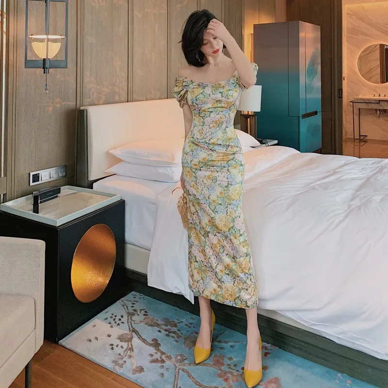 Rétro imprimé fleuri une épaule Dr taille haute bulle Sve été nouveauté femmes Faion Dr décontracté Busin maison