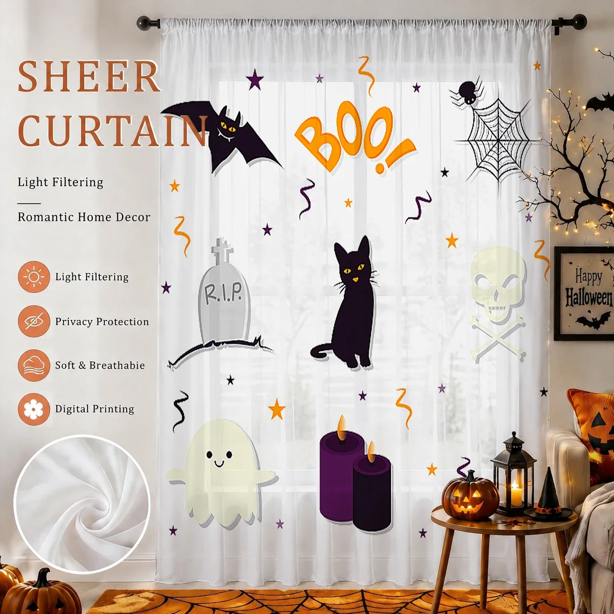 Halloween Festival Sheer Curtain, Good Quality Light Reducing Privacy Voile For Living/Bedroom/Kids Room,Halloween Festival Gift