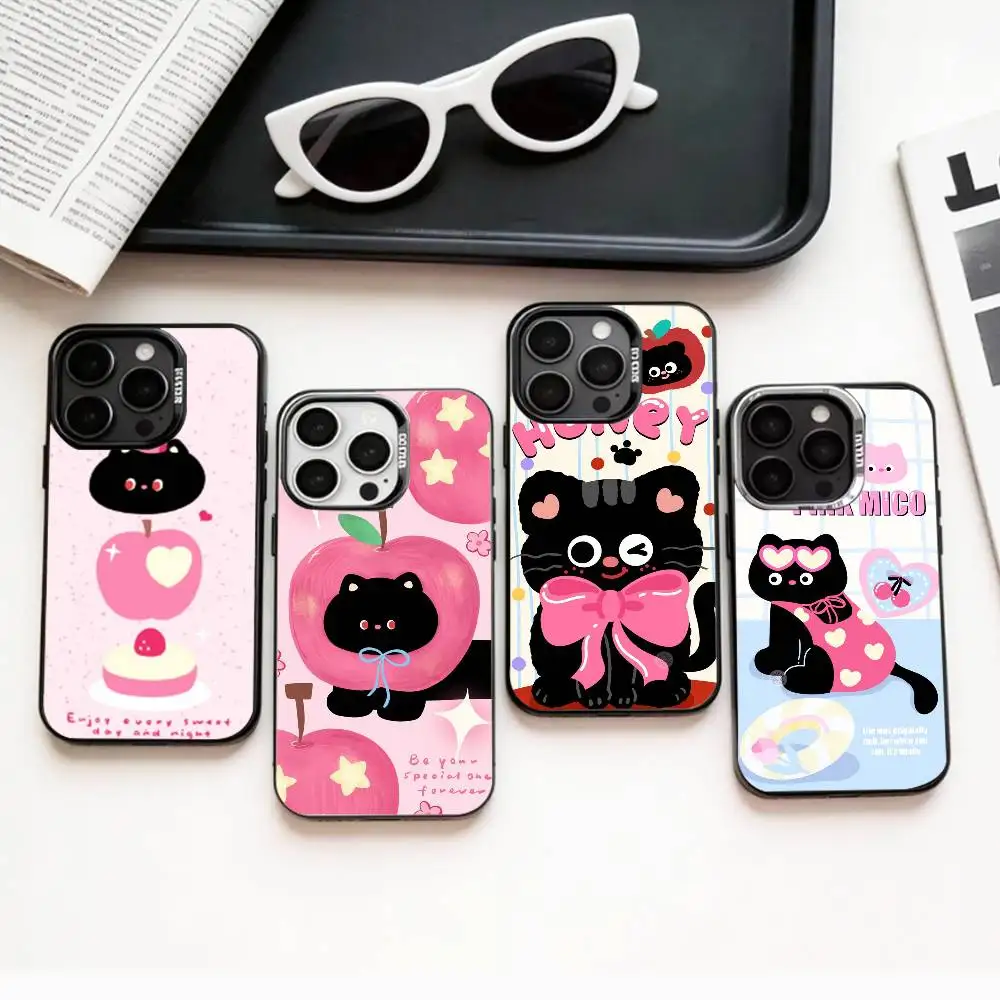 

Y2K Cute Black Cat Phone Case For iPhone17,16,15,14,13,12,11 Plus,Pro Max Colored Silver Plated Inside Cover