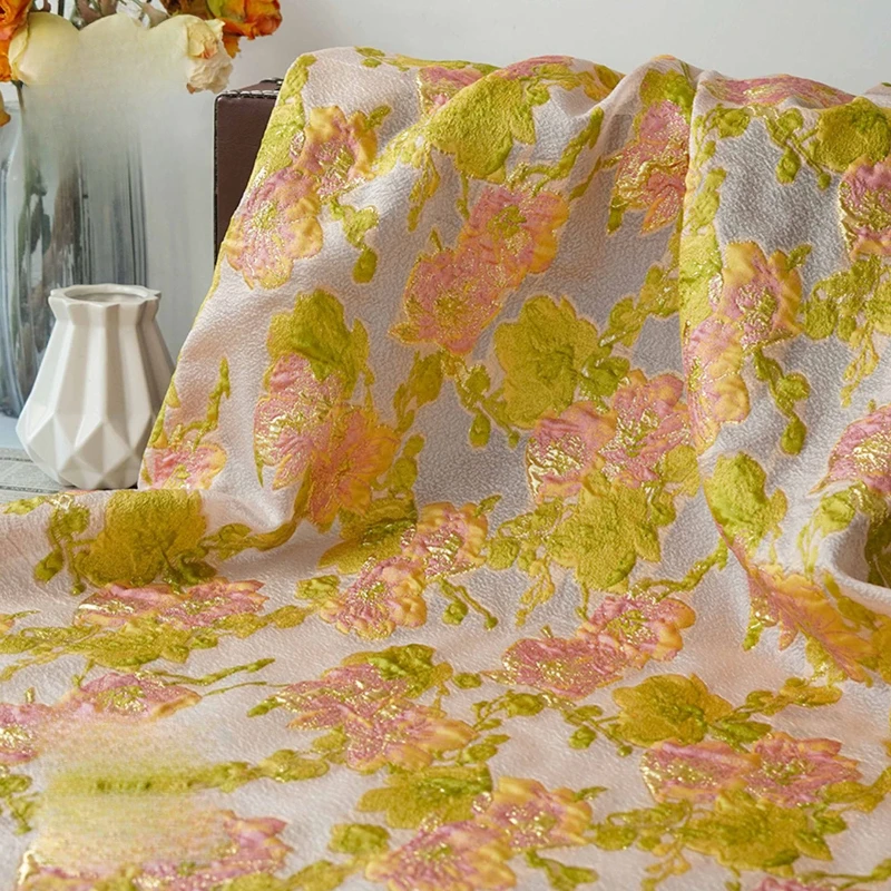 

Pink Green Floral Jacquard Fabric with Embossed Gold Yarn Sheer Pastoral Dress Gown Coat Material Fashion Textile for Women