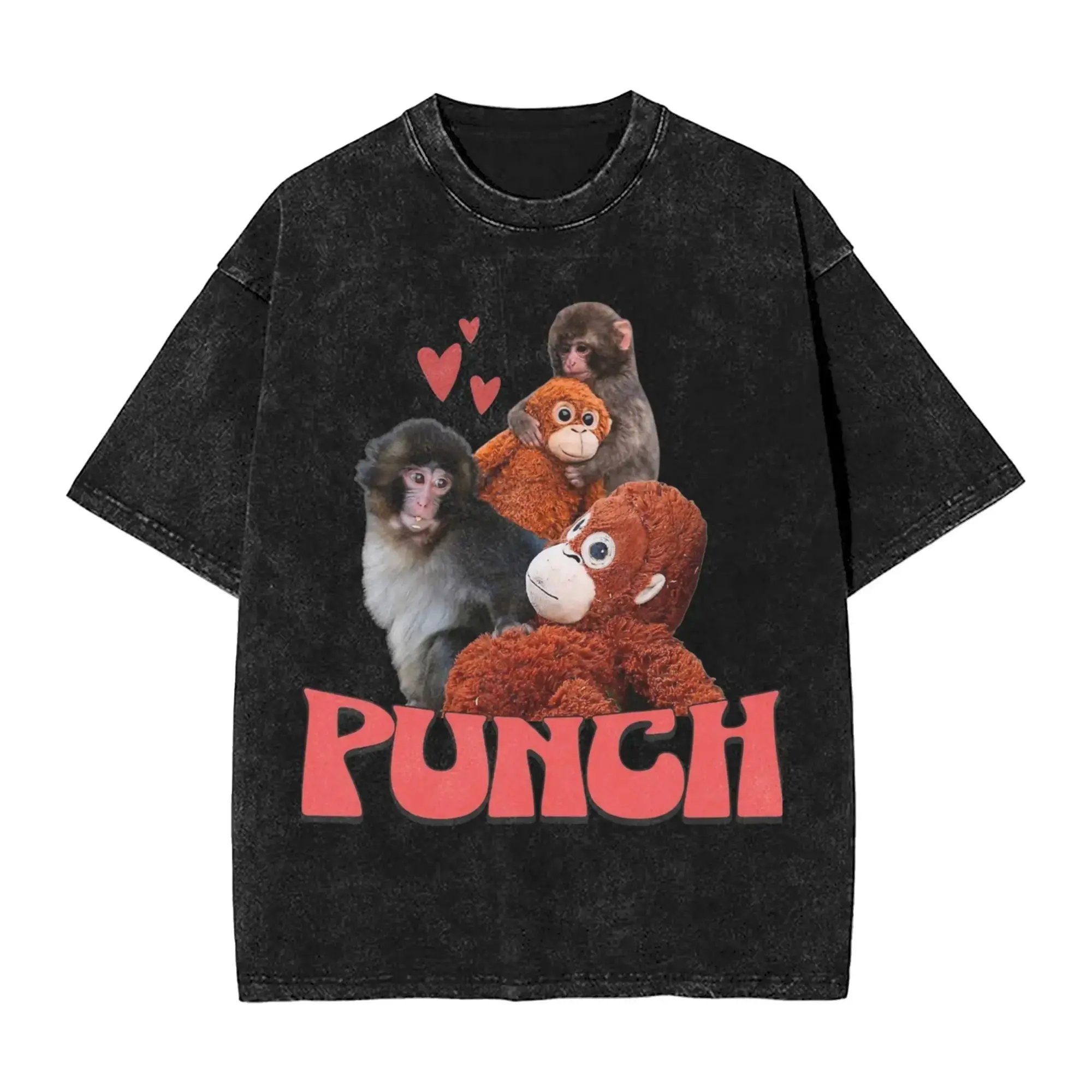 Hip Pop Harajuku T-Shirts Team Punch Punch The Monkey Baby Monkey Holding Washed T Shirts Casual Loose Tee Streetwear Unisex