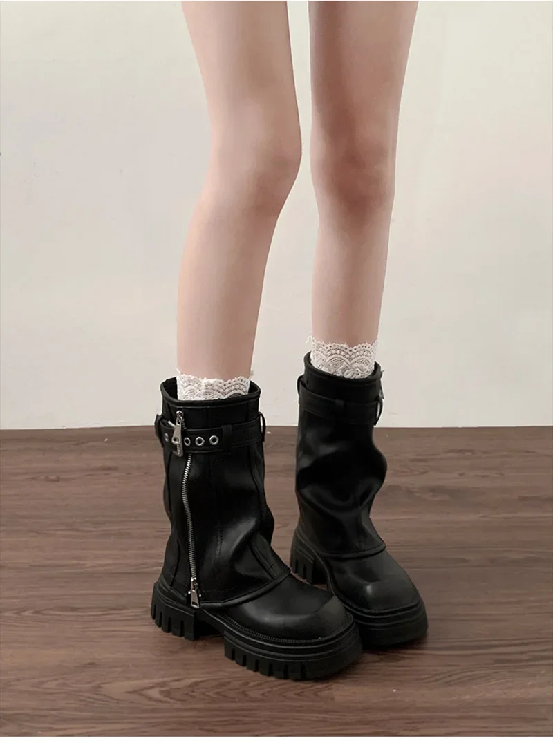Winter Damen Biker Stiefel Mode Gürtelschnalle Elegante Plateau Flache Kurze Stiefeletten Lässige Damen Ritterstiefeletten – Detail 3