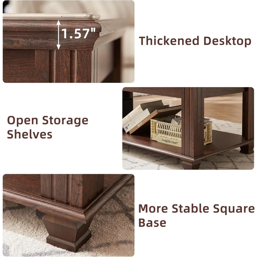 طاولة قهوة لغرفة المعيشة في المزرعة، طاولة غرفة معيشة مربعة مع رف تخزين مفتوح، طاولة قهوة حديثة كبيرة، بني ريفي