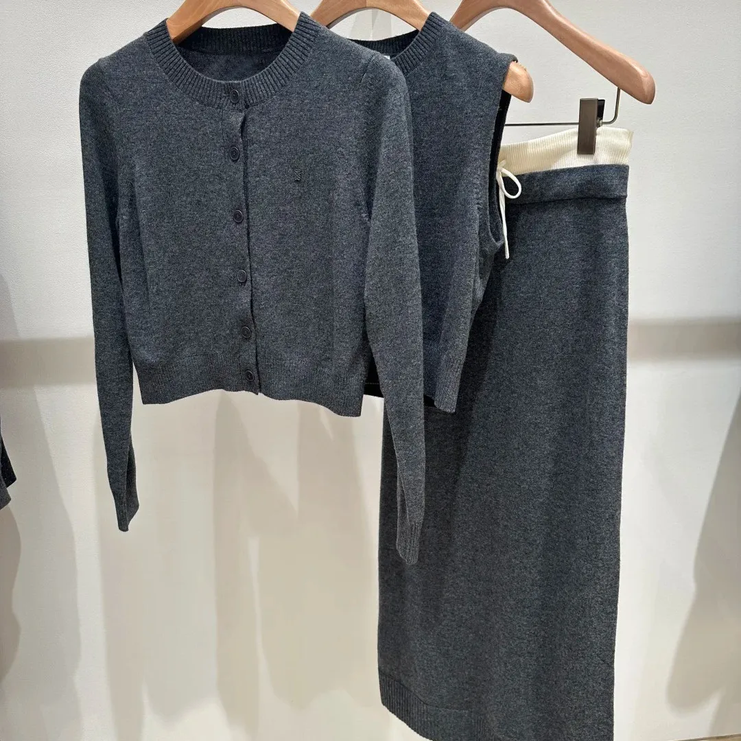 High-End Version S Home Premium Short Grey Sleeveless Knitted Open Cardigan Top Long Half Skirt Women's Fashion Set