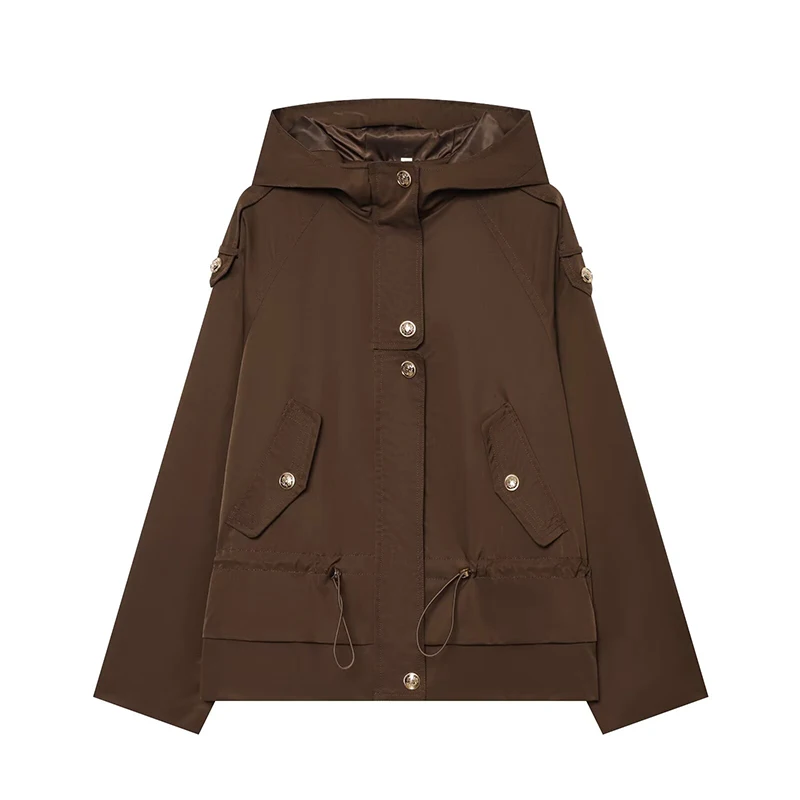 Women's Jacket Drawstring Hooded Jackets for Women Solid Casual Outerwears Woman Long Sleeve Loose Coats Female Button Coat Tops