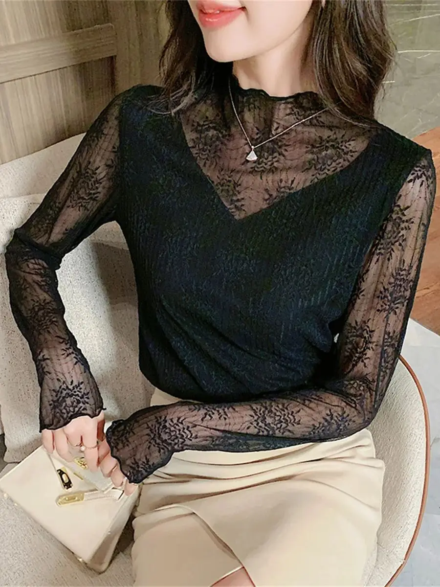 

Простая однотонная жаккардовая тонкая кружевная блузка с цветочным принтом, топы, Новое поступление осени 2025 года, облегающая универсальная рубашка с длинными рукавами для женщин