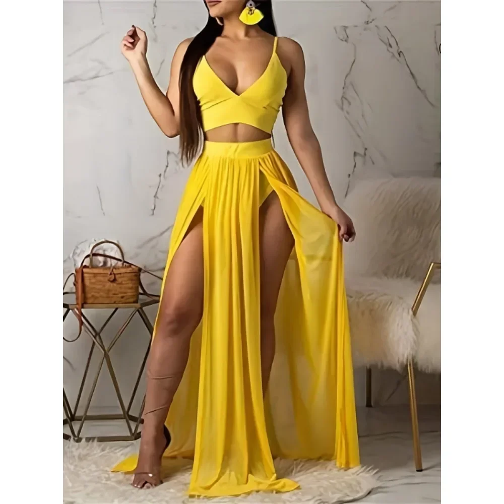 Women 2 Piece Outfit Solid Sexy Sheer Mesh Maxi Skirt Matching Set Hot Sale Beach Vacation Ladies Two Piece Skirt Suit