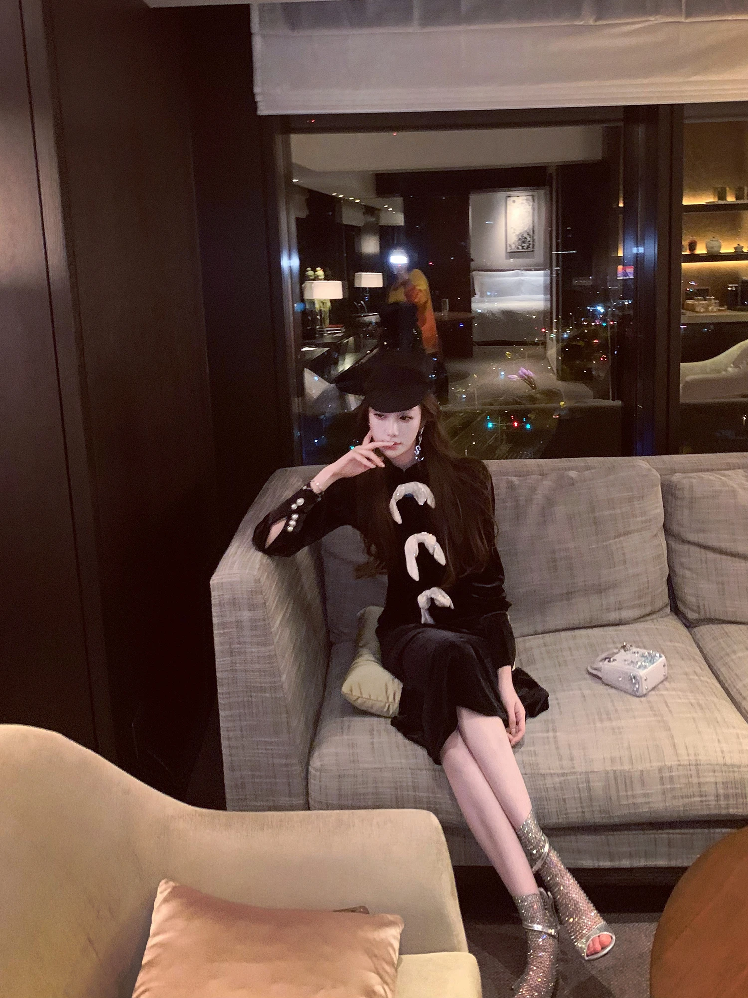 

Amor Bla Velvet Fi Tail Long Dr Women's Ele Sle High Waist Stitched Beads Knot Skirt for Autumn Winter