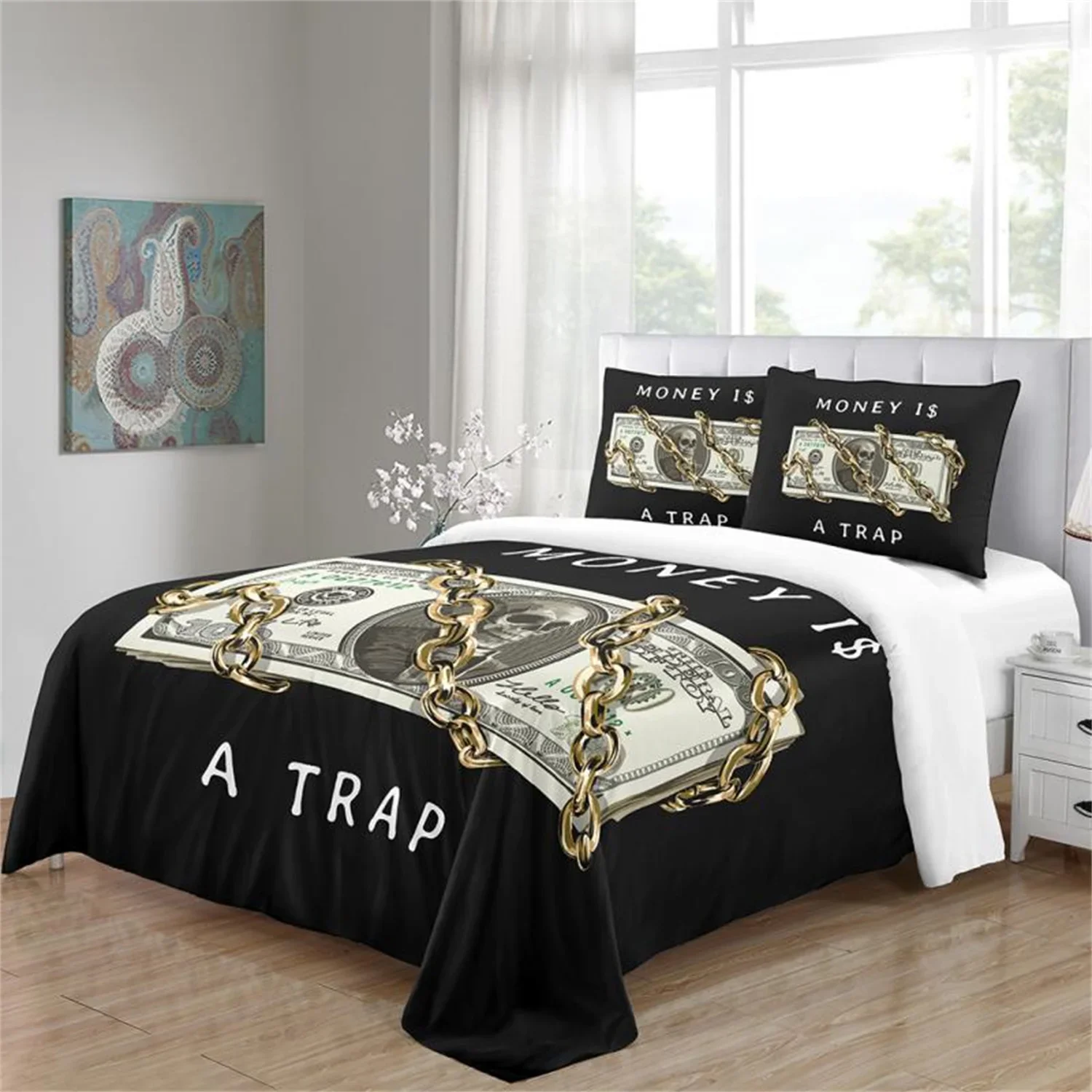 Urban Landscape Building Dollar Bill America Modern Blcak Bedding Sets Single Double Bed Duvet Cover Set and 2 pcs Pillow cover