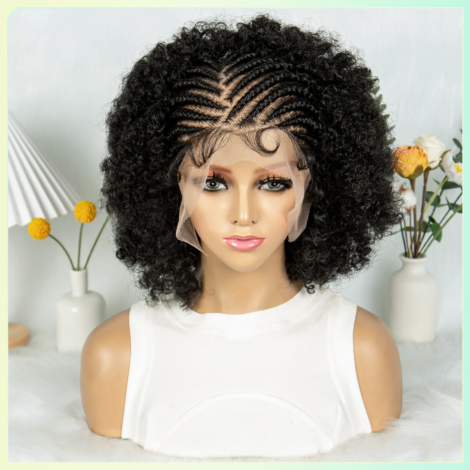 Afro kinky encaracolado trançado perucas com cabelo do bebê sintético completo laço trançado perucas com tranças de cornrow encaracolado trançado perucas para mulher