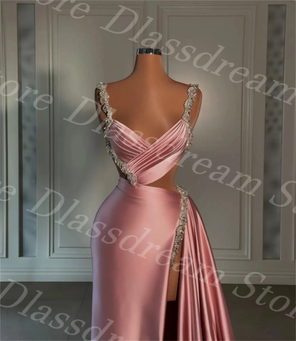 Sweetheart Pink Evening Gown Beaded Straps V Neck Party Prom Dresses Ruffle Sweep Train Split Formal Long Dress فساتين سهرة