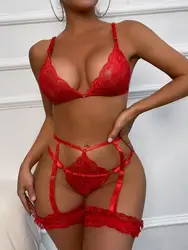 Sexy Lingerie Set Exotic Lace Up Women's Underwear Cut-out Bra Panty And Garters Transparent G-string Bandage Bikini Three-point