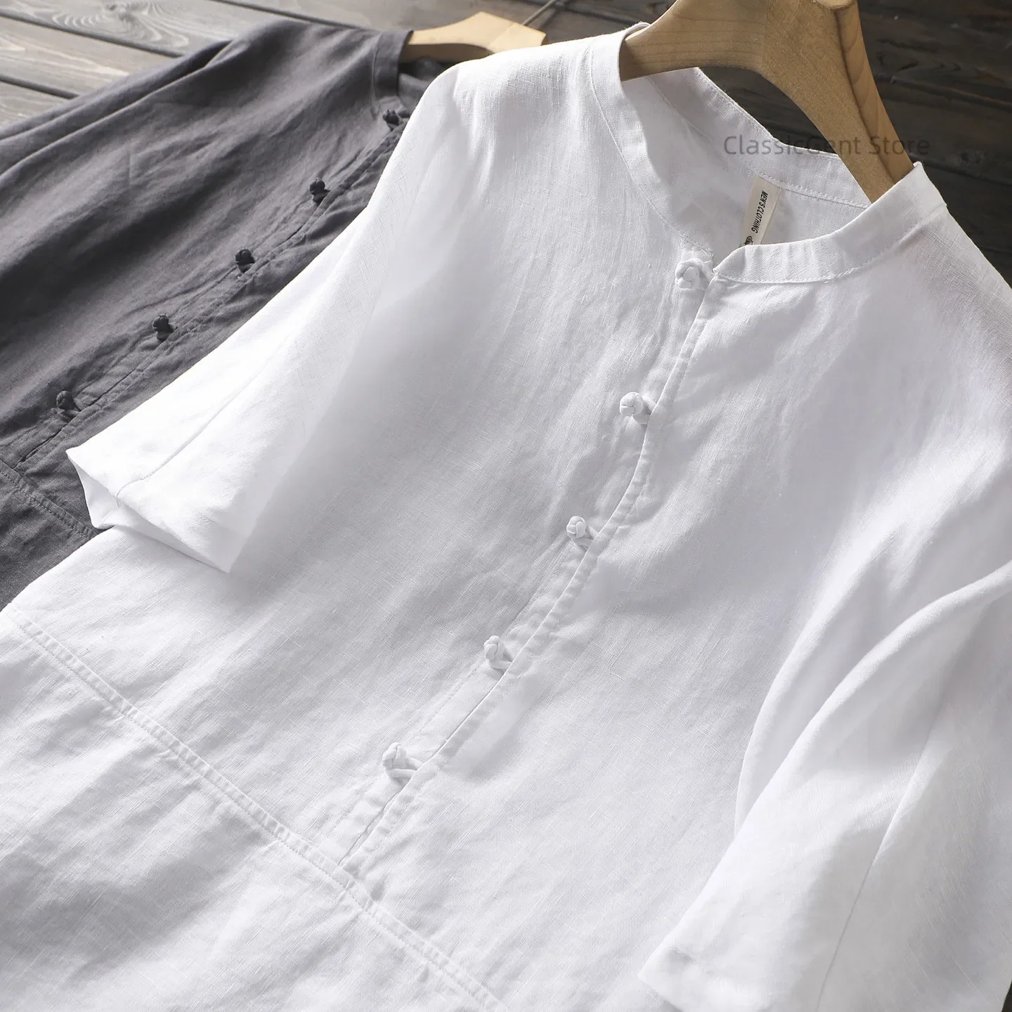 Natural 100 pure linen, men's summer small stand-up collar half-open pullover short-sleeved shirt and top