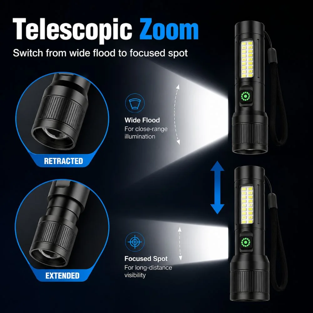 Rechargeable LED Flashlight Adjustable Beam Long Lasting Emergency Flashlight Waterproof Multiple Lighting Mode