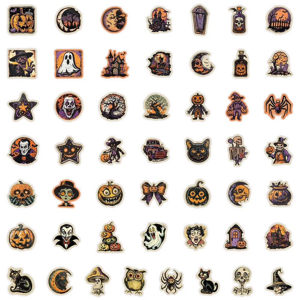 Autocollants Graffiti rétro Halloween, 50/100 pièces, décoration créative, ordinateur, Skateboard, tasse d'eau, dessin animé étanche, jouets pour enfants