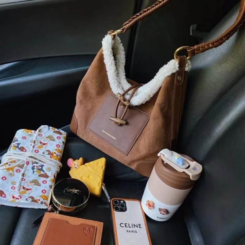 

Retro Mulard Brown Suede Tote Bag Women Patchwork Large Capacity Shoulder Bag Ladies Fashion Commute Versatile Underarm Bag Chic