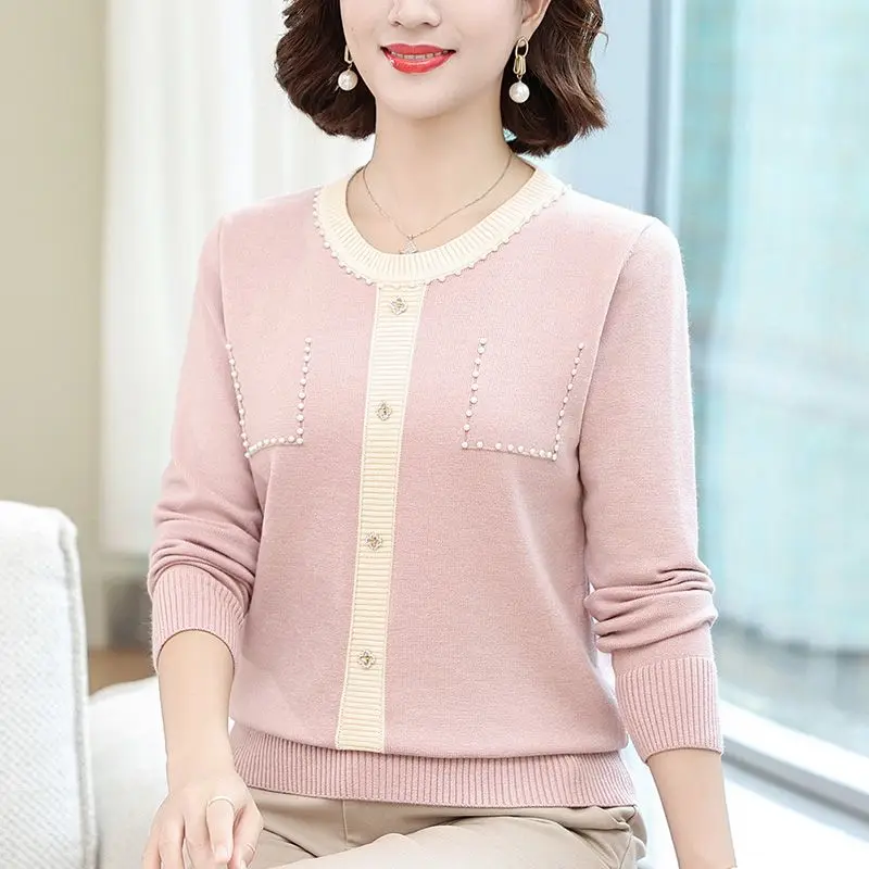 Women's Clothing Solid Color Round Neck Rivet Pullover Sweater Knitted Long Sleeve Embroidered Flares Casual Spring Autumn Tops