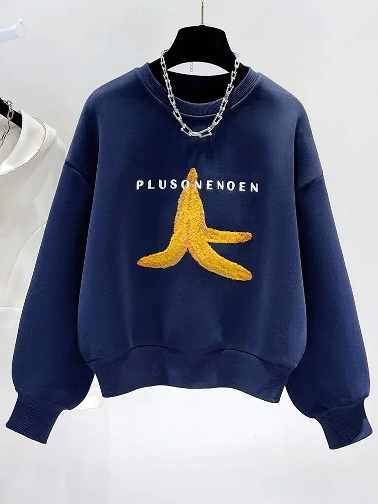 

Velvet sweatshirt embroidered autumn and winter new women's loose short style lazy style thickened round neck jacket ins tops