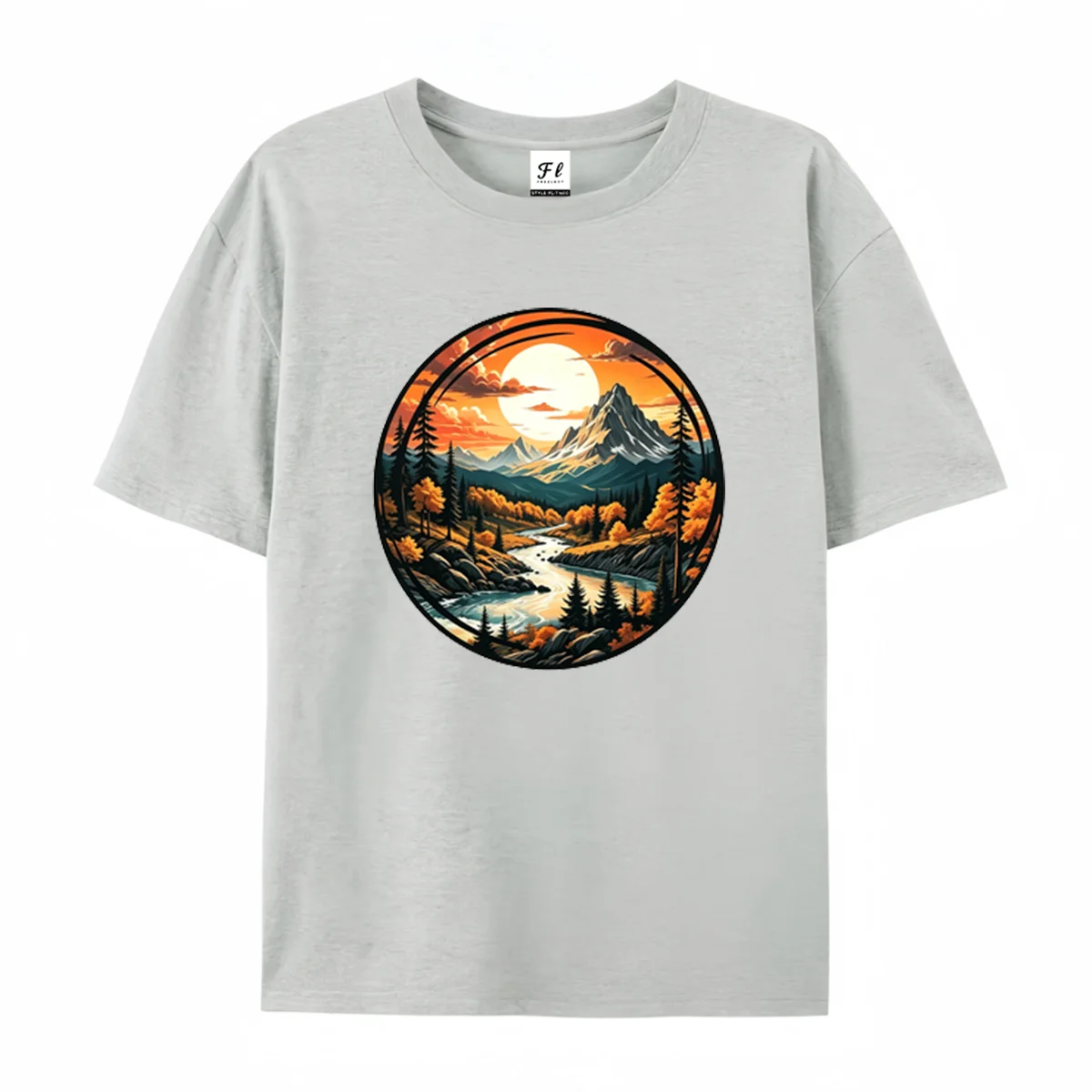 Unisex Short Sleeve T Shirt Autumn Mountain River Full Moon Circle Graphic Tee Outdoor Camping Nature Scenery Casual Summer Tops