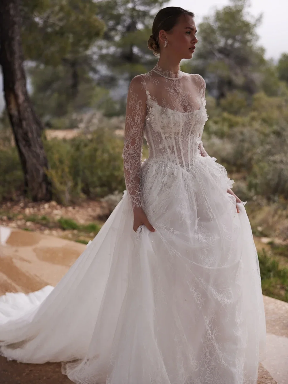 OL Dreamy-vestido de novia de flores 3D con cuentas brillantes, vestido modesto de manga larga con cuello alto, vestidos Aline blancos personalizados para novia 2026