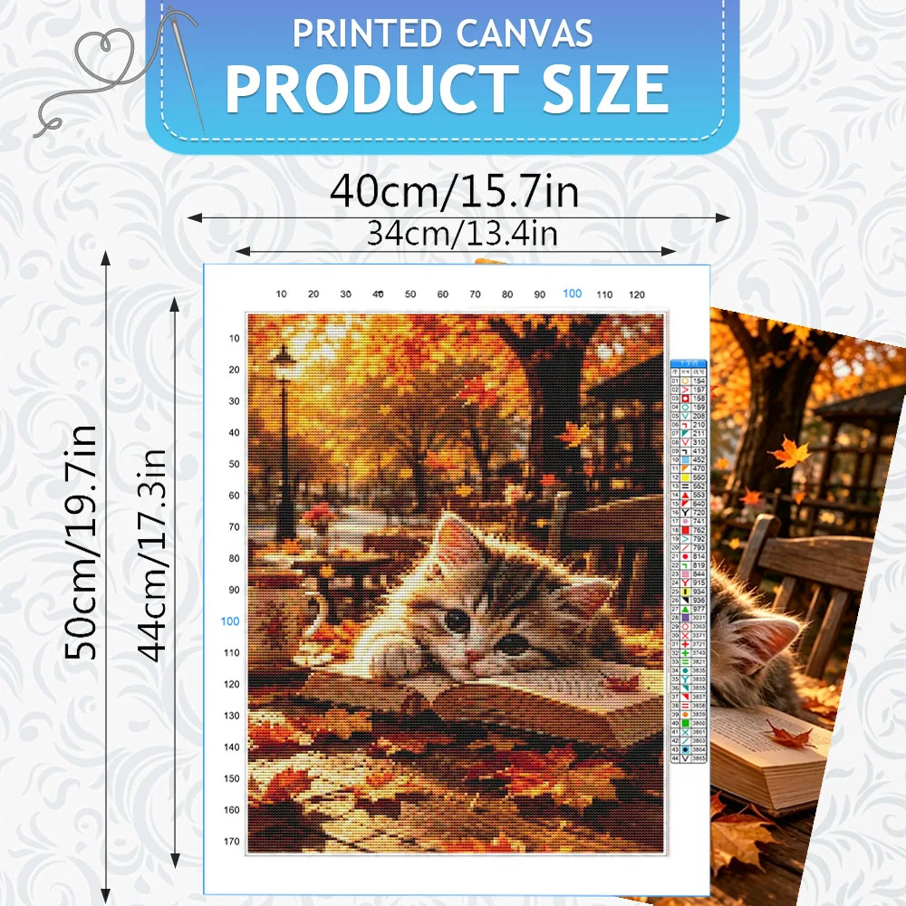 HUACAN Cross Stitch Sets Cat Animal Embroidery Kits Autumn  City Book  11CT DMC Threads   Needlework Home Decor Items