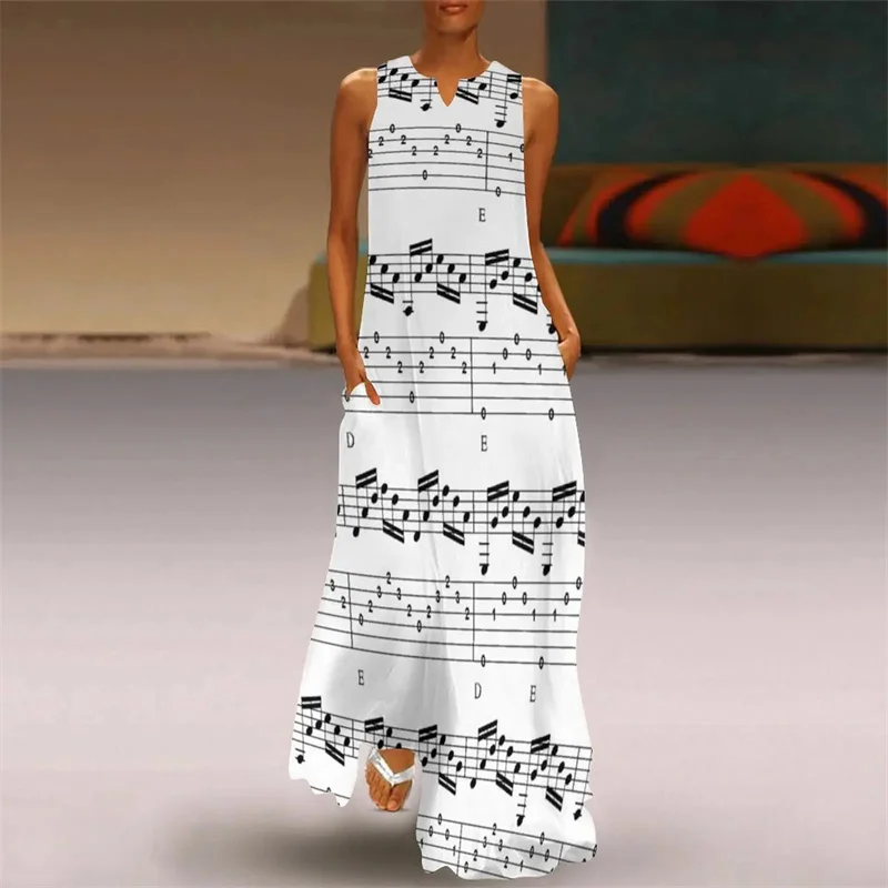 Eleganckie nuty Art Decor Arkusz nuty Drukuj Długa sukienka Casual Fashion Women Bez rękawów V-neck Tank Maxi Dress Street Clothes