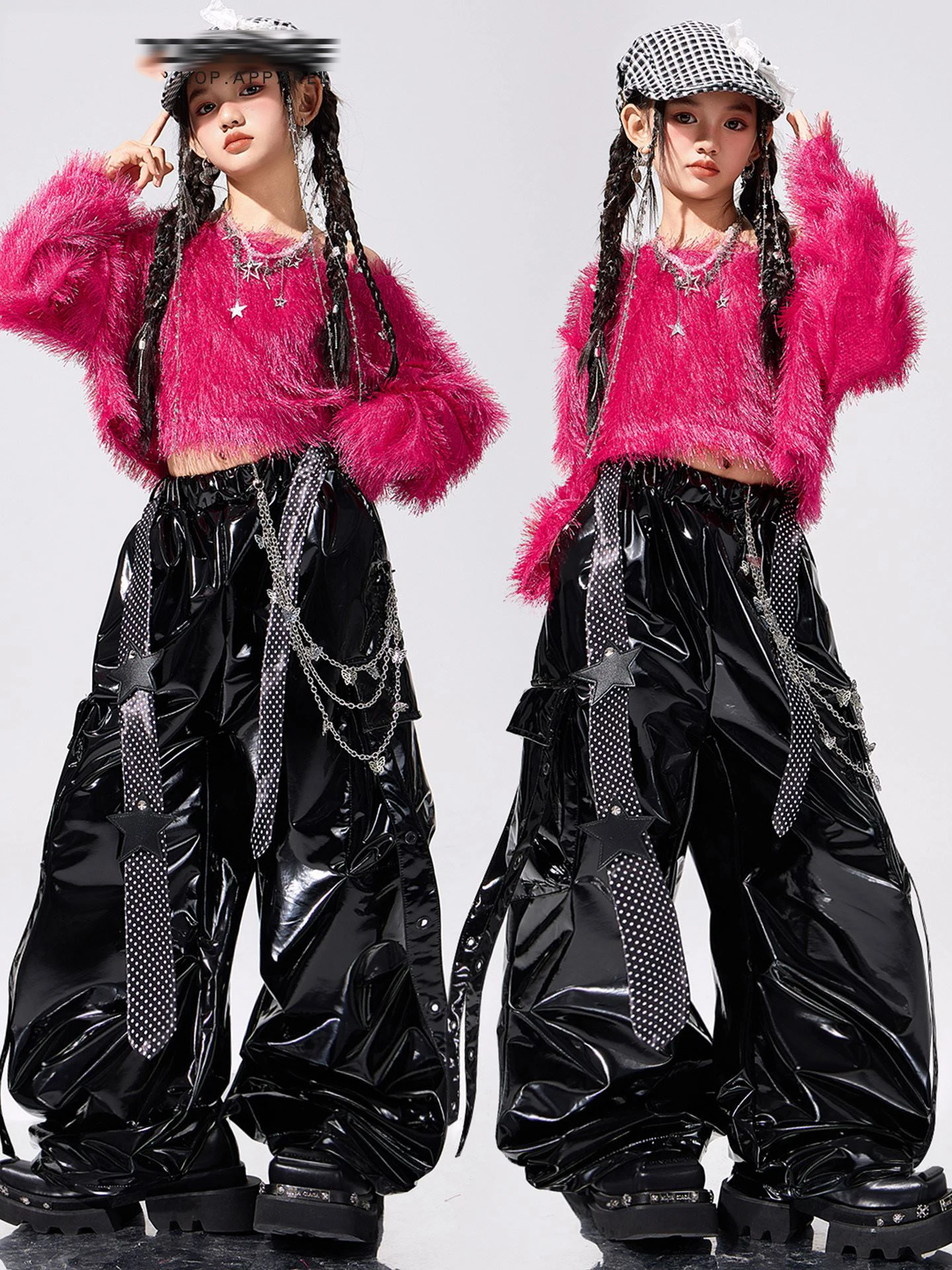

2026 Kpop джазовый танцевальный костюм для девочек, розовые меховые топы с пупком, черные кожаные брюки, наряды в стиле хип-хоп, подиумная модная уличная одежда BL18185